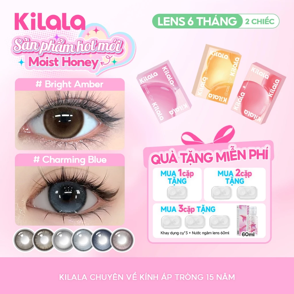 Kính áp tròng Kilala màu nâu BrightAmber/ CozyHazel/CharmingBlue  lens cận 6 tháng DIA 14.2mm có độ (0-7) 1 cặp