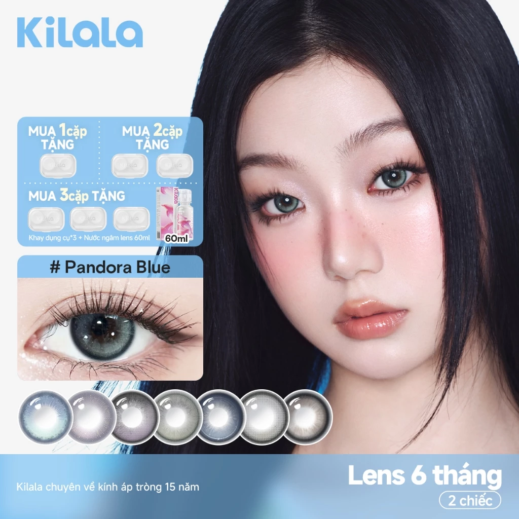Kính áp tròng Kilala màu đen PandoraBlue/MilkWineBlack/Yay Radiowave Black/lens cận 6 tháng DIA 14.2mm có độ (0-7) 1 cặp.