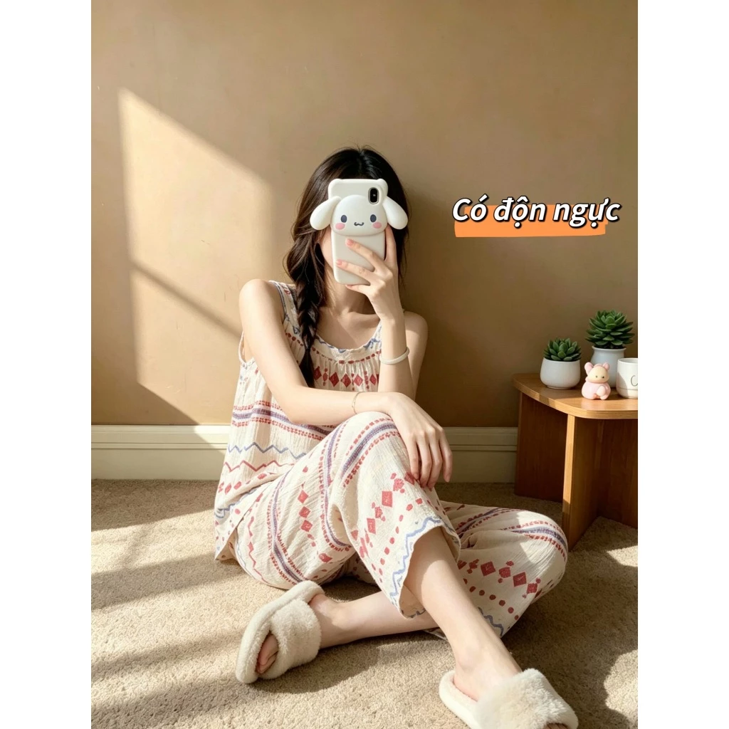 【Vải cotton mềm như mây, có miếng lót ngực】Bộ đồ ngủ cao cấp thời trang mùa hè - Phong cách thanh lịch dành cho nữ (Hàng mới về)