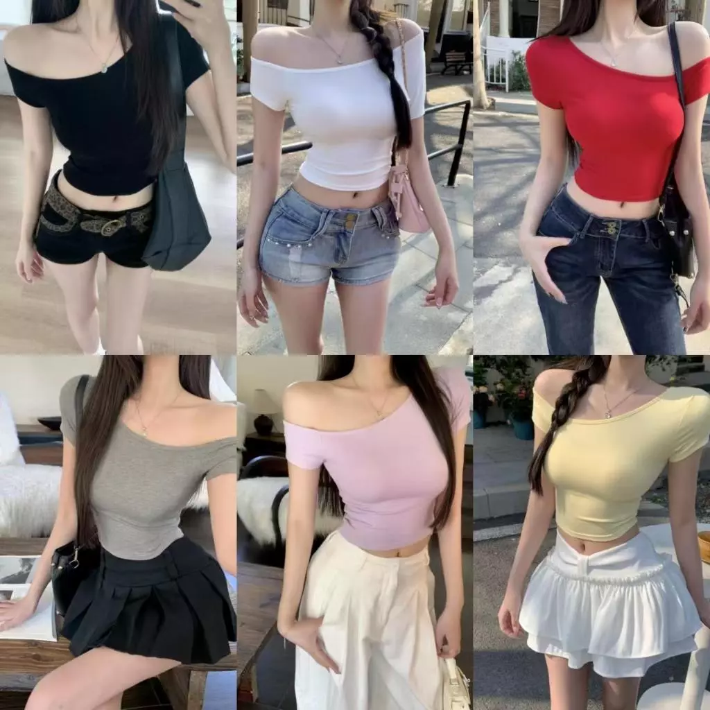 Áo thun lệch vai ngắn tay Viviapparel dành cho nữ, có 6 màu, vải co giãn, phong cách gợi cảm và trẻ trung, dáng ôm vừa vặn, áo crop top thời trang, chi tiết phong cách #25026