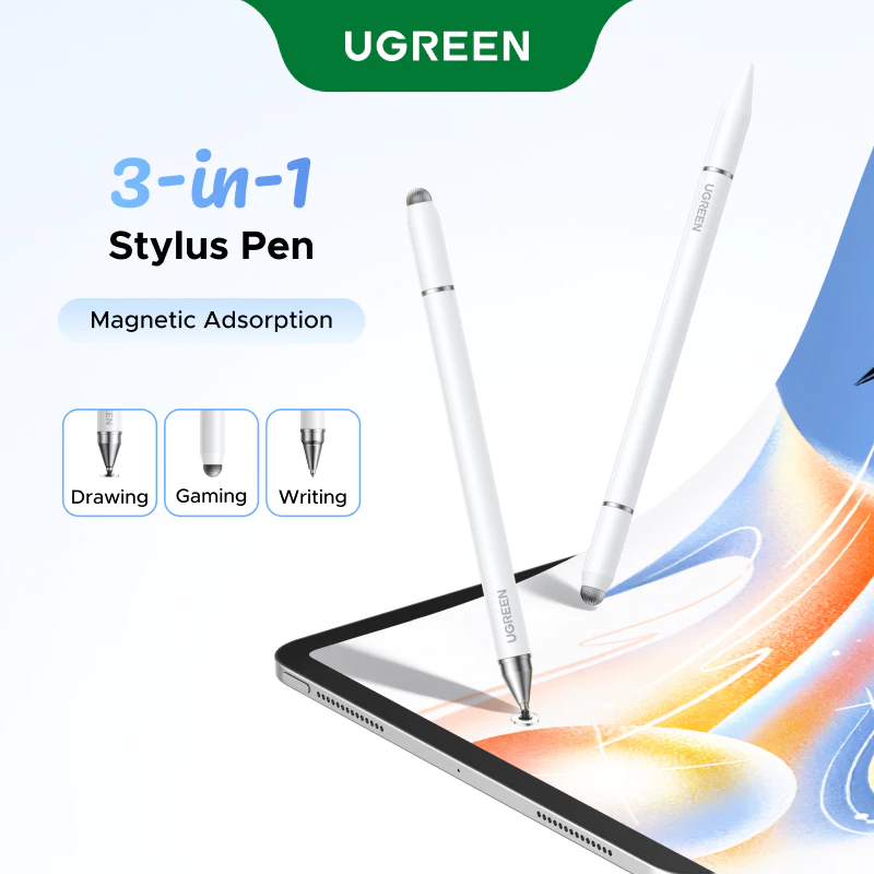 Bút Stylus đa năng từ tính 3 trong 1 UGREEN, Thiết kế 3 đầu bút, Không sạc, Có sẵn để viết / Vẽ / Chơi game, cho iPad 2024/ iPad Air/Galaxy Tab A11/Galaxy Tab A9+/Redmi Pad SE