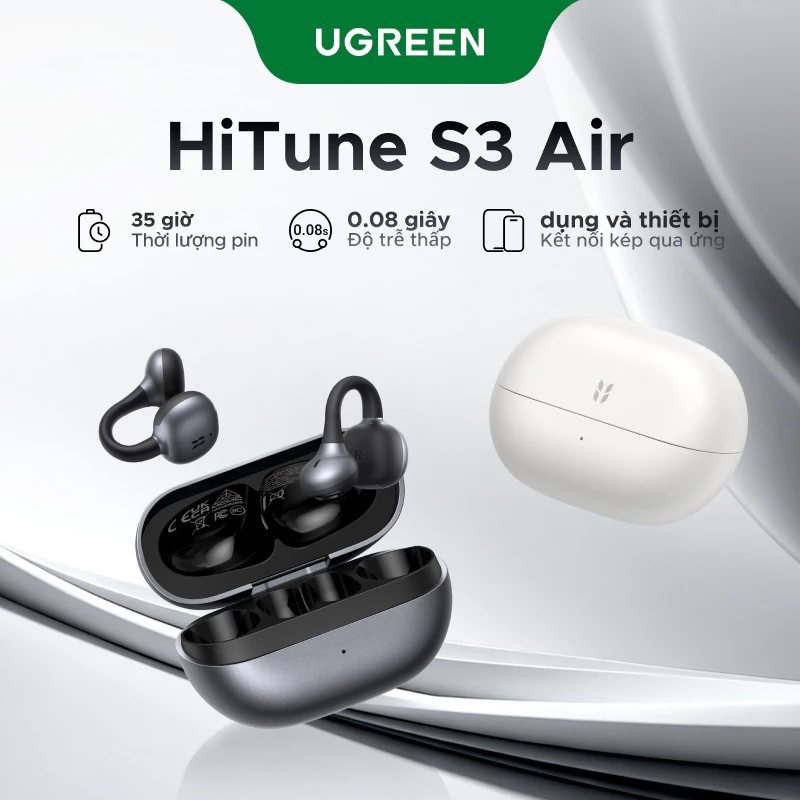 [Mới] Tai nghe không dây kẹp tai UGREEN S3 Air, Bluetooth 6.0, IPX5 chống nước, có móc Desiign, Âm thanh mở, Giảm tiếng ồn cuộc gọi, 34 giờ thời lượng pin