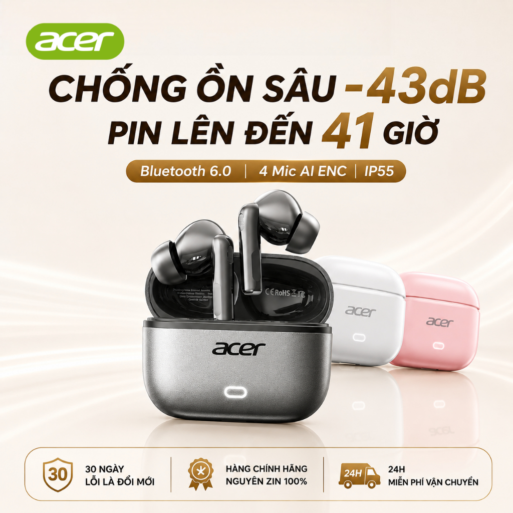 Tai nghe Bluetooth không dây chính hãng Acer OHR657, Chống ồn -43dB , 4 micrô…