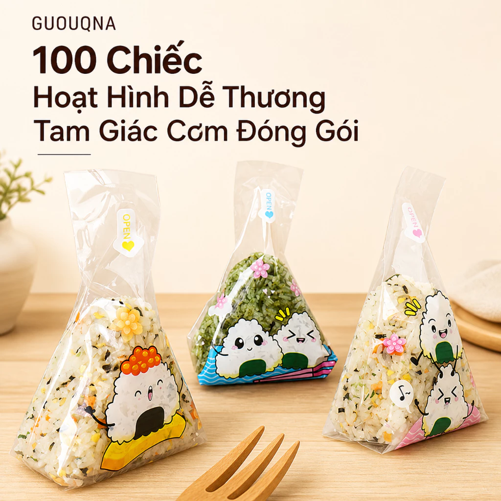 GUOUQNA 100 Chiếc Hoạt Hình Dễ Thương Tam Giác Cơm Đóng Gói Túi Rong Biển Sushi Khuôn Túi Sushi Bento Phụ Kiện Rong Biển Cơm Sushi Túi GUOUqna