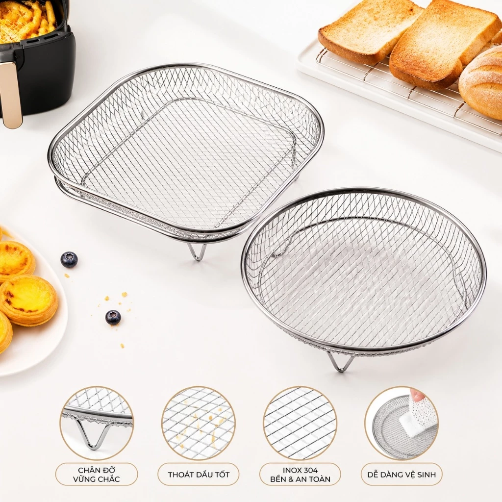 Guouqna 1 Giá Nồi Chiên Không Khí Có Thể Xếp Chồng Giá Nướng Thép Không Gỉ Giỏ Nướng Chống Dính Airfryer Khay Giá Dây Giỏ Tiện Ích Nhà Bếp GUOUqna