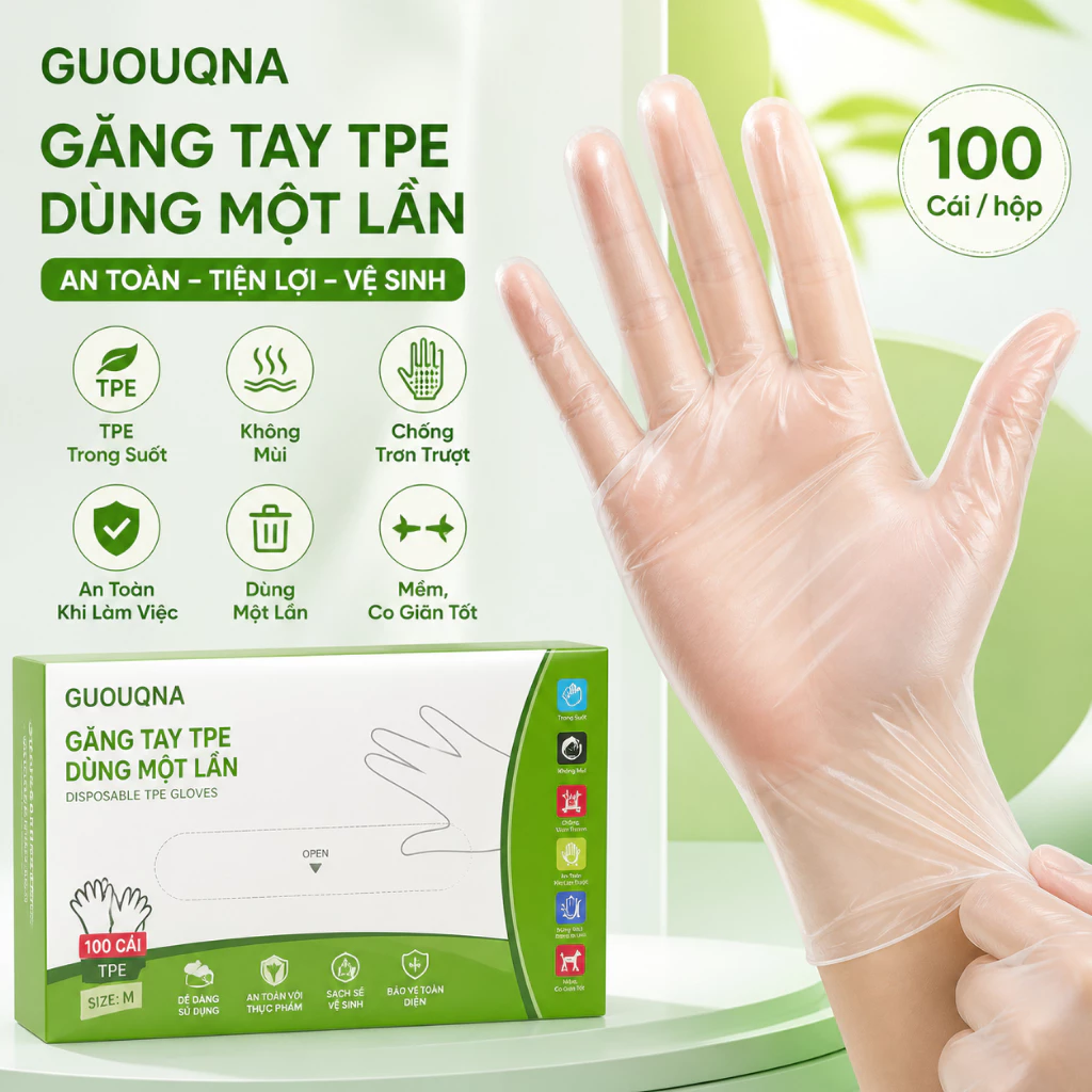 GUOUQNA 100 Cái / hộp Găng Tay Cao Su Miễn Phí TPE Găng Tay Dùng Một Lần Trong Suốt Axit Chống Trơn Trượt An Toàn Làm Việc Cấp Thực Phẩm Găng Tay Vệ Sinh Gia Đình GUOUqna