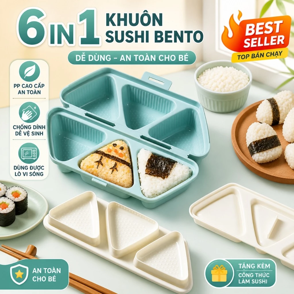 GUOUQNA 6 Trong 1 Trilater Mẫu Cho Cơm Sushi Khuôn Sushi Bento Hộp Nhà Bếp Đảng Cung Cấp Khuôn Cho Trẻ Em Bộ Làm Sushi GUOUqna