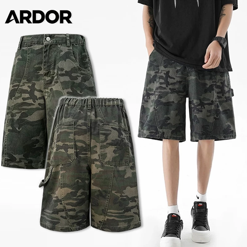 Quần short 5 phân nam nữ cao eo lưng co giãn nửa baggy ống thẳng rộng vải jean chất lượng cao giặt màu ngụy trang xanh quân đội, túi lớn phong cách cổ điển Mỹ phối đồ đa dạng đi chơi dạo phố mặc hàng ngày mùa hè