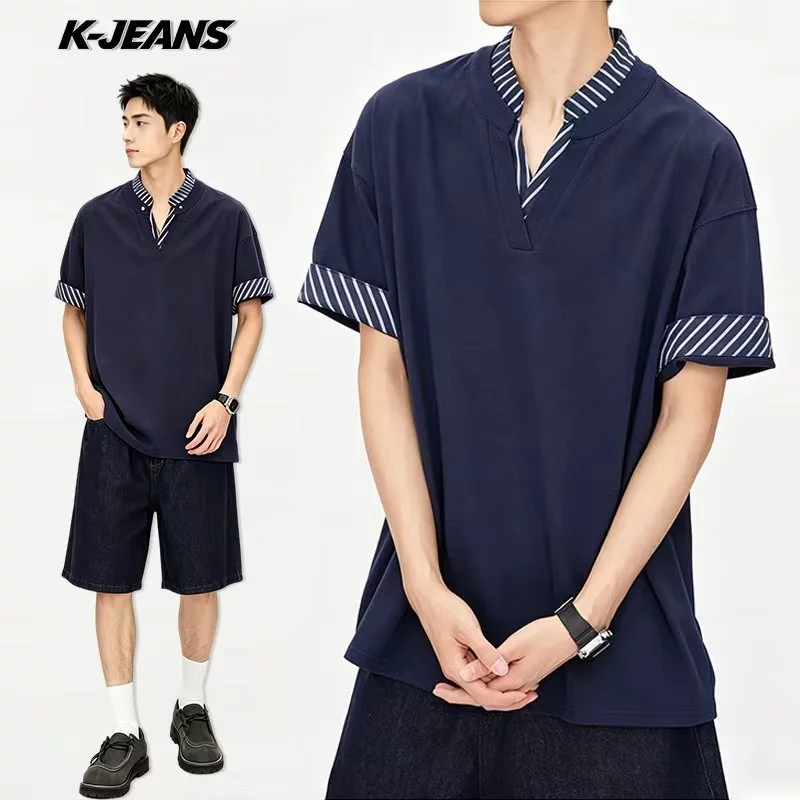 Áo thun ngắn tay nam nữ cổ V giả hai lớp ghép vải sọc dáng rộng oversize màu xanh đen đậm, vải bông không khí cao cấp mềm thoáng mát, phong cách thanh lịch trí tuệ phối đồ đi làm dạo phố đi chơi mặc hàng ngày
