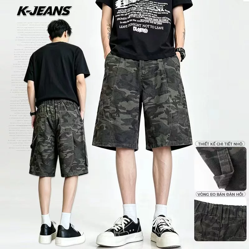 Quần short 5 phân baggy nam nữ cao eo lưng nửa co giãn ống thẳng rộng vải jean cao cấp giặt màu hoa văn ngụy trang xanh quân đội túi lớn, phong cách cổ điển đường phố Mỹ thoải mái phối đồ đa dạng đi chơi dạo phố mặc hàng ngày mùa hè
