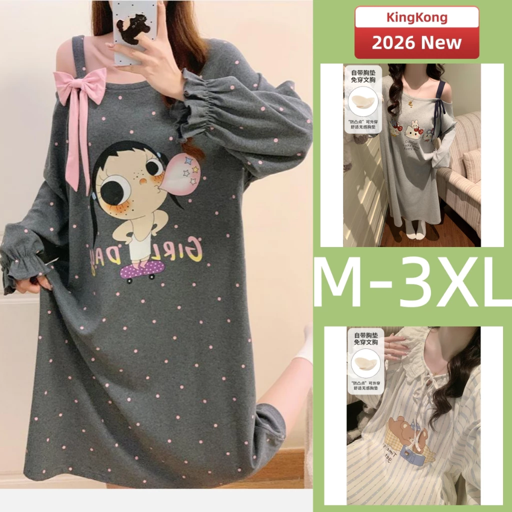 Đệm Váy Ngủ Bộ Đồ Ngủ Nữ Plus Kích Thước Bộ Đồ Ngủ Đầm Thu Đông Tay Dài Đồ Ngủ Người Phụ Nữ Rời Mặc Ở Nhà M-3XL