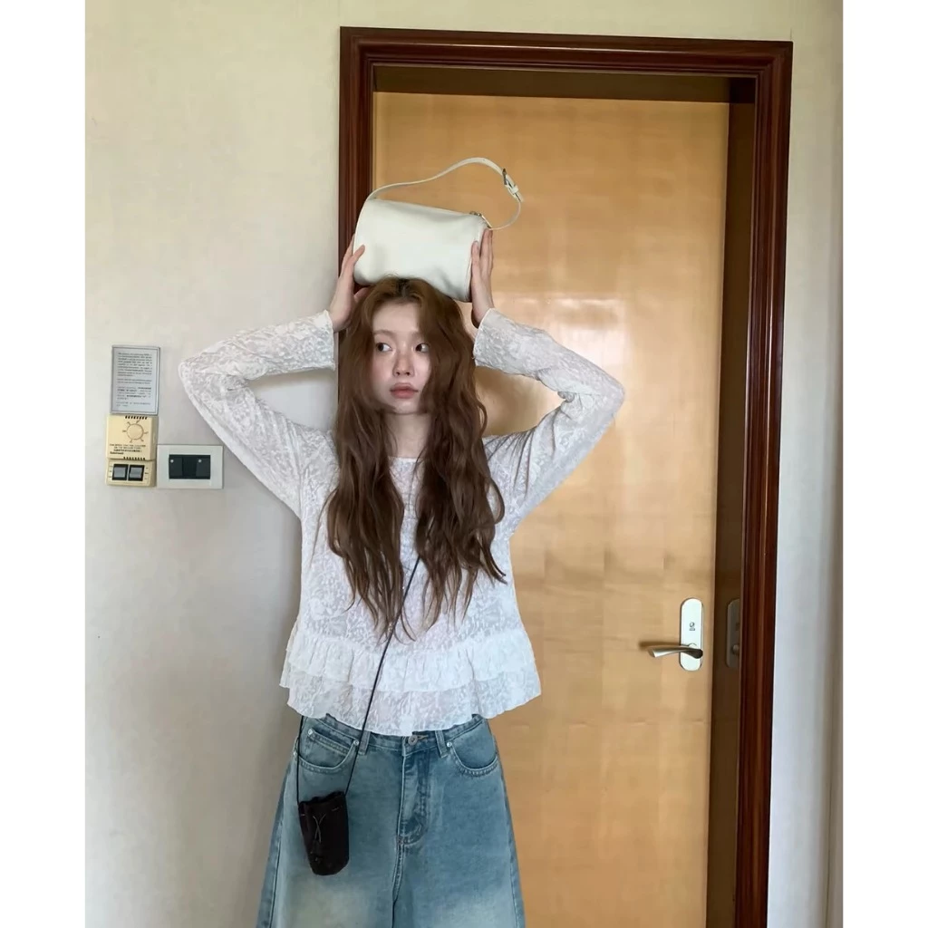 [Seeyou studio] Áo ren xếp nếp ngọt ngào phong cách Hàn Quốc dành cho nữ, Áo dài tay xếp lớp nhẹ nhàng, Áo mùa thu tối giản phong cách dáng rộng vừa vặn đa năng 6747