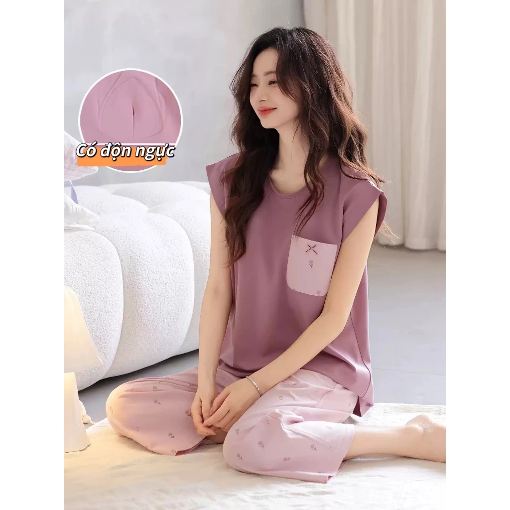【Có độn ngực】Bộ đồ ngủ mùa hè mỏng nhẹ - Áo ngắn tay + quần 7 phần - Phong cách thời trang, dịu dàng, thanh lịch - Mẫu hot bán chạy - Free ship ✅ Giao hàng trong ngày