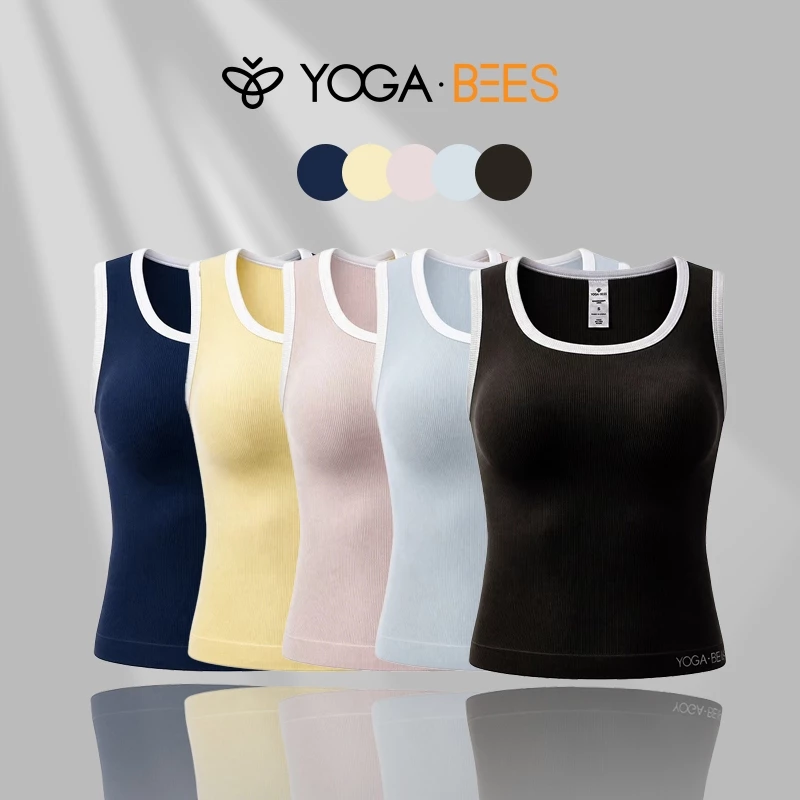 YOGA BEES Áo ba lỗ không tay có khóa màu dành cho nữ có áo ngực tích hợp, Áo sơ mi thể thao Yoga Slim Fit, 5 màu