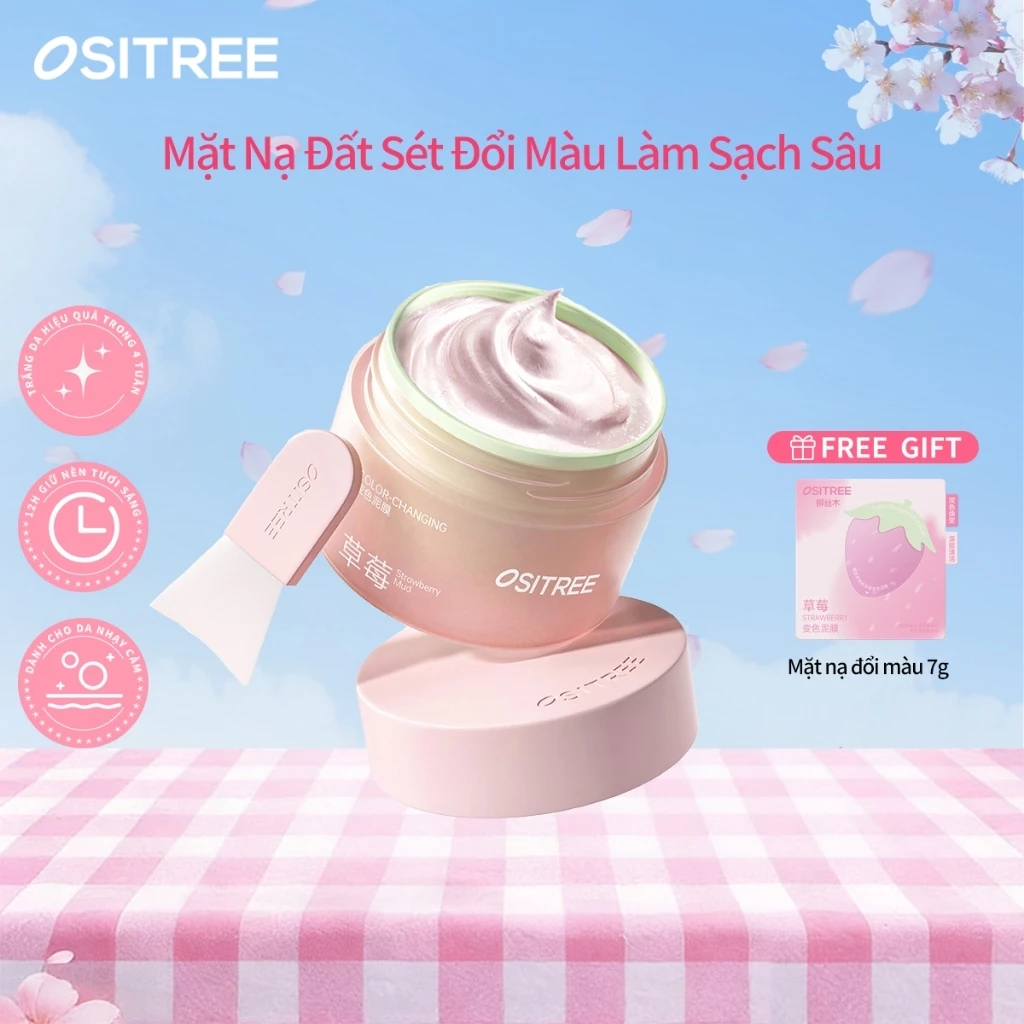 OSITREE Mặt Nạ Đất Sét Dâu Tây Đổi Màu – Làm Sạch Lỗ Chân Lông, Kiểm Soát Dầu, Hỗ Trợ Giảm Mụn Đầu Đen, Cấp Ẩm Da, Chính Hãng