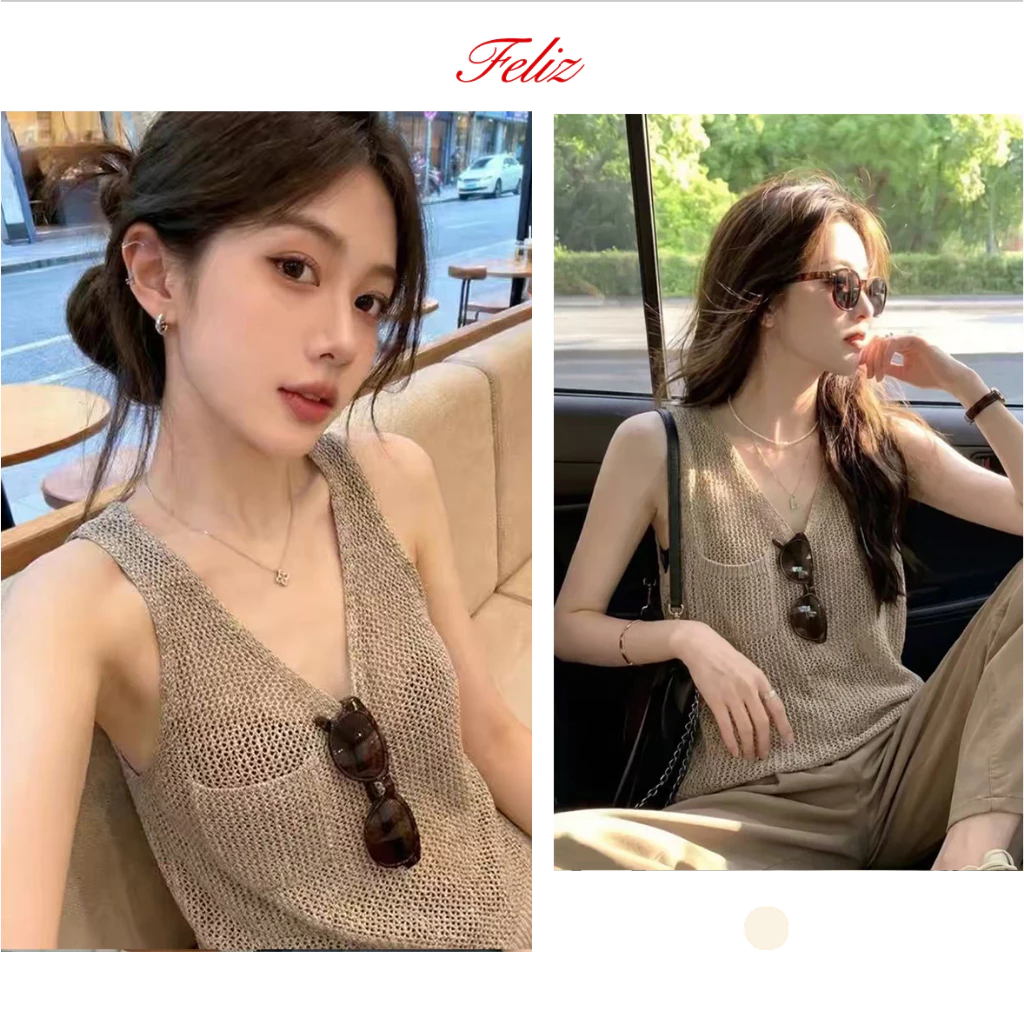 FELIZ | Mùa xuân hè 2026 Hàn Quốc Áo len dệt kim cổ chữ V cổ rỗng phong cách tiền cũ thanh lịch, áo không tay, thư giãn và phẳng vừa vặn, thoải mái, đa năng, thoáng khí và mát mẻ, Casu