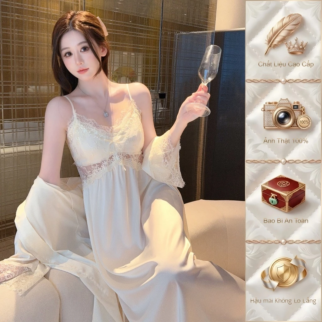 TEEFENG Váy Ngủ Nữ Lụa Cao Cấp Ren Phong Cách Sang Trọng Hoa Dài Tay Có Miếng Lót Ngực Loungewear