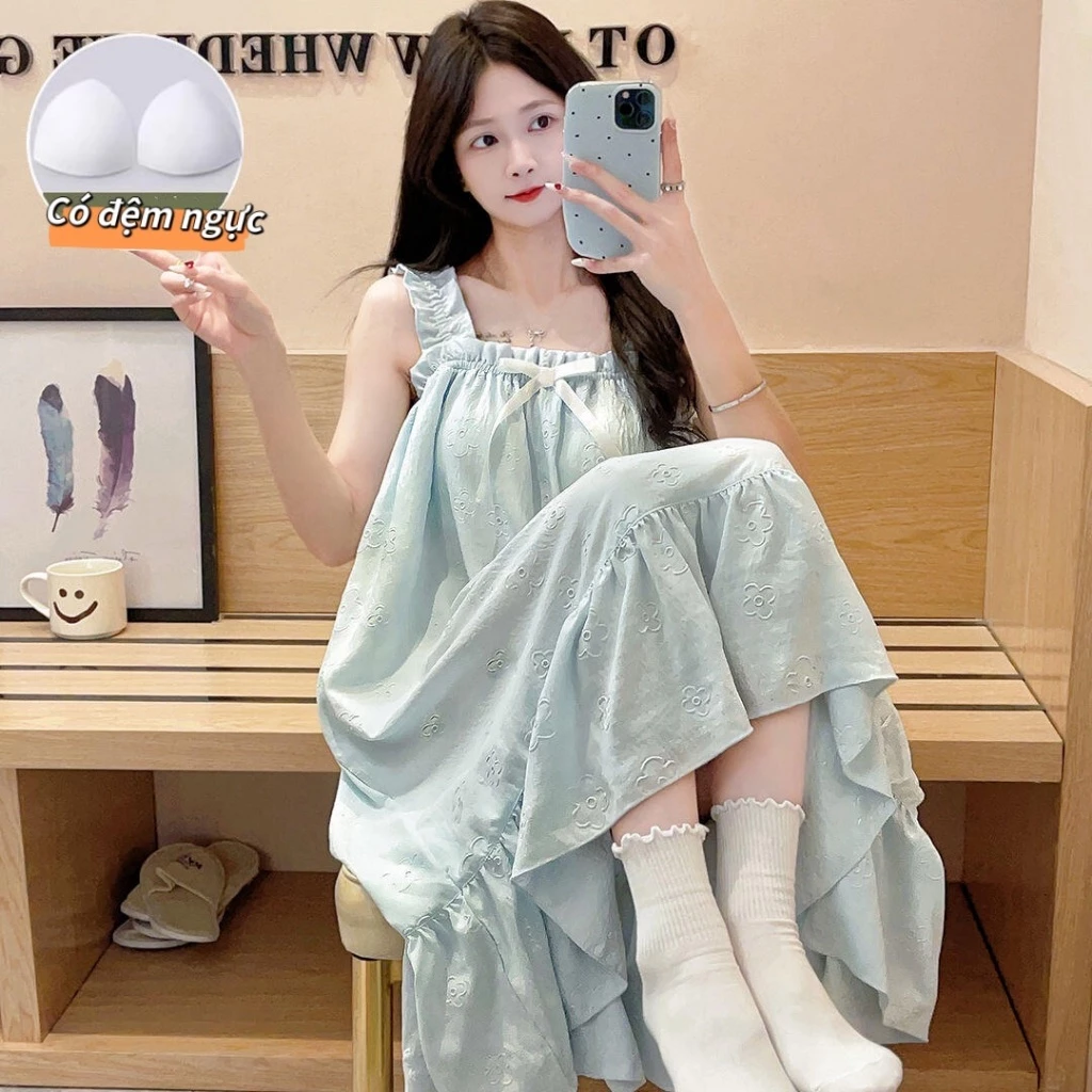 【100% Cotton - Có độn ngực】Váy ngủ mùa hè mới nhất - Quai mảnh viền ren ngọt ngào - Dáng dài thướt tha - Phong cách dễ thương dành cho nữ sinh, teen - Mẫu hot bán chạy - Free ship ✅ Giao hàng trong ngày