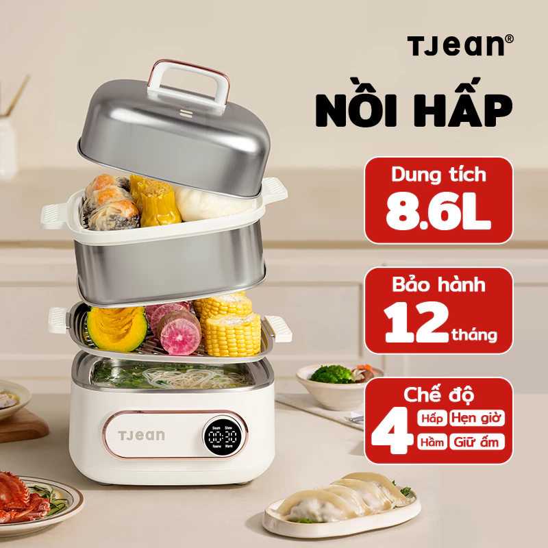 TJean Nồi hấp điện 8.6L, 2 tầng, đa năng, 4 chế độ,  lẩu/hấp 1200W