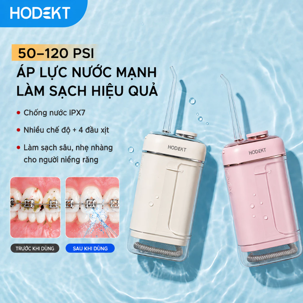 Máy Tăm Nước Điện HODEKT, Áp Lực 50-120 PSI, 3000 Xung/Phút, 4 Chế Độ, 4 Đầu Xịt, Pin 1200mAh, IPX7, Sạc Type-C