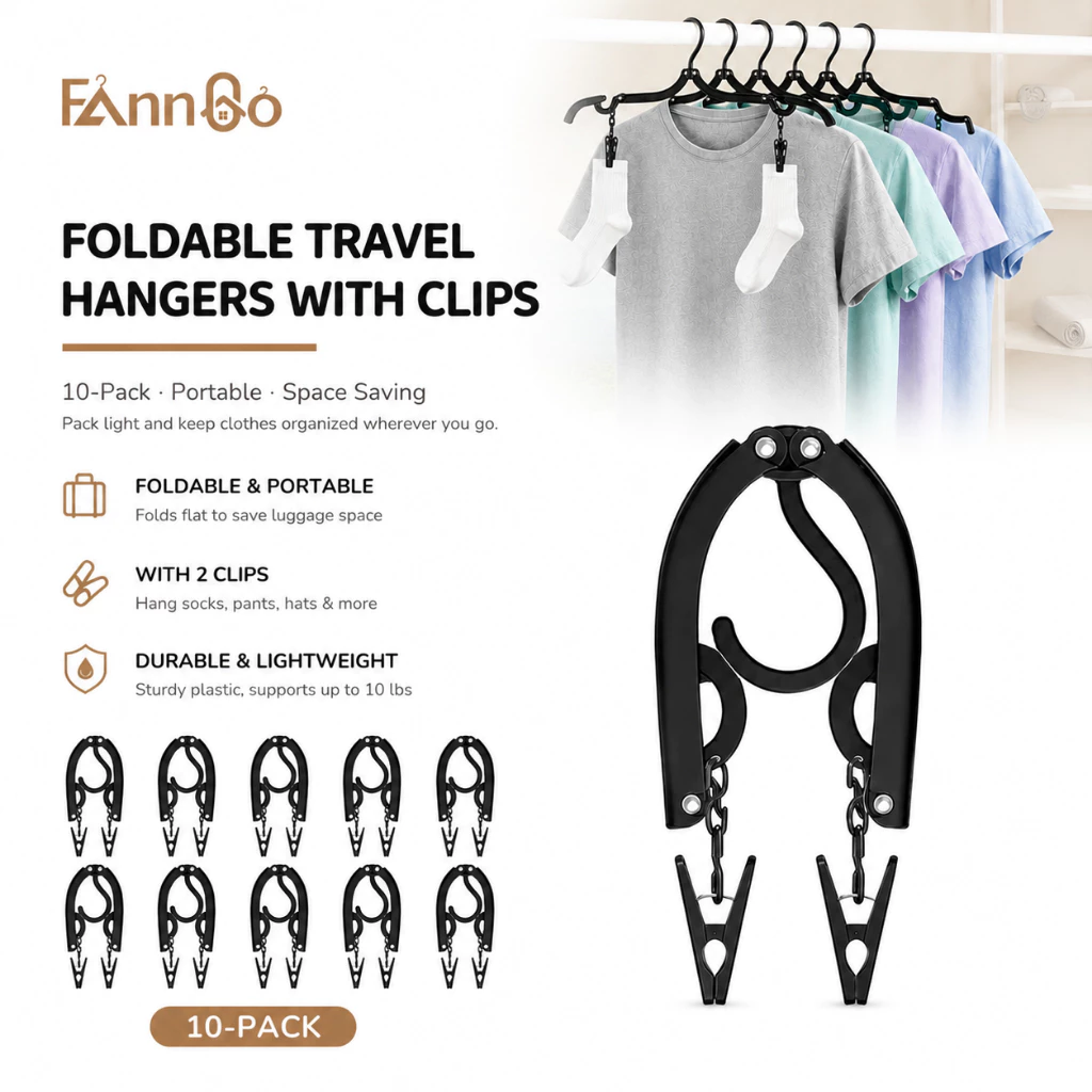 Fanngo | Móc treo có thể gập lại bằng nhựa màu đen 10 gói | có kẹp di động | dành cho hành lý / khách sạn / RV / Cắm trại | Gantungan Baju Lipat