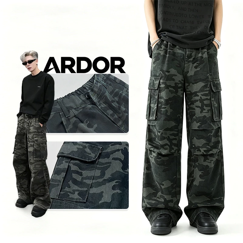 ARDOR Quần Jean Cargo Baggy Nam Nữ Ống Rộng Cao Cổ Form Rộng Xếp Ly Túi Hộp Lớn Lem Camo Xanh Quân Đội Chất Liệu Denim Cao Cấp Bền Đẹp Thời Trang Unisex Quần Ống Đứng Rộng Dài Tới Gót Chân Streetwear Oversize Mặc Đi Chơi Đi Học