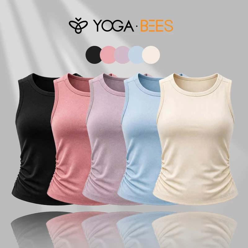 YOGA BEES Nữ Cổ Tròn Bên Cạnh Ruched Tank Top Không Tay Slim Fit Áo Thể Thao Thoáng Khí Tập Yoga Hàng Ngày Thường Ngày Top 5 Màu