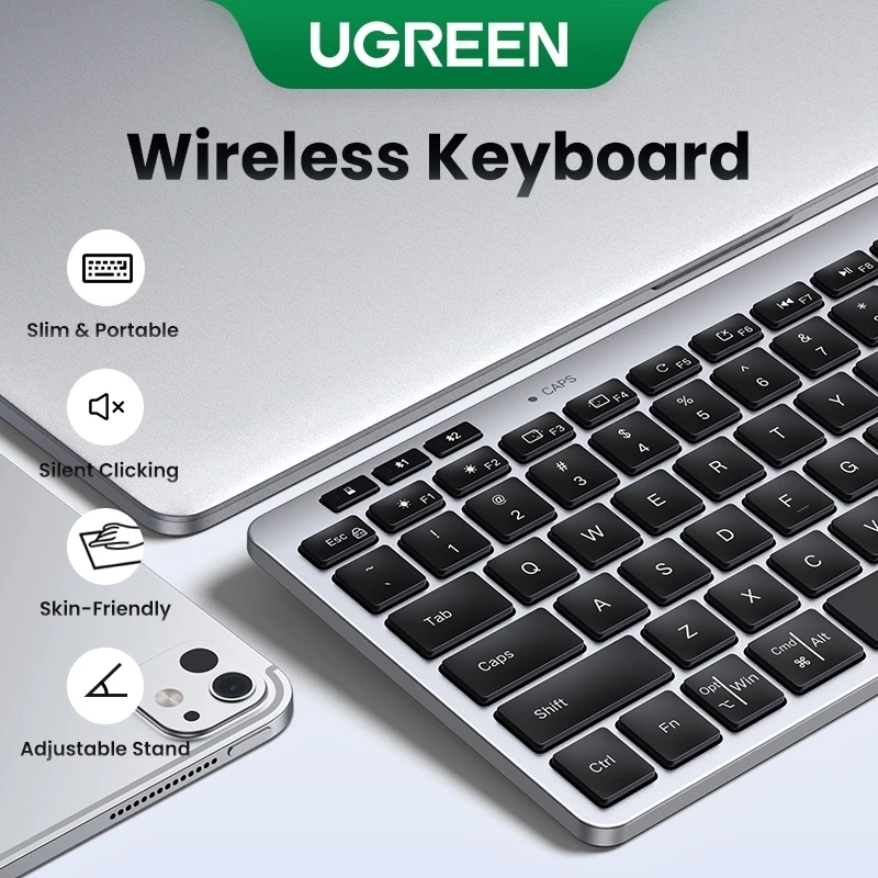 Bàn phím không dây di động màu đen UGREEN Slim Bluetooth 5.3 + 2.4G Bàn phím nhấp chuột im lặng