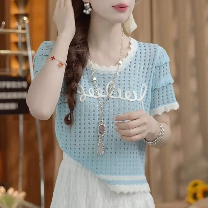 Rỗng Đan Tay Ngắn Rời Ngắn Thiết Kế Chữ Ngắn Phù Hợp Với Mỏng Hơn Nhìn T-