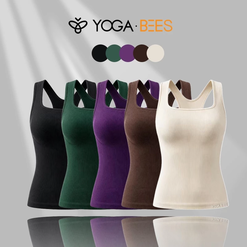 Áo ba lỗ cổ vuông có gân YOGA BEES dành cho nữ, Áo thể thao thể thao thể dục không tay lưng Y Slim Fit, 5 màu