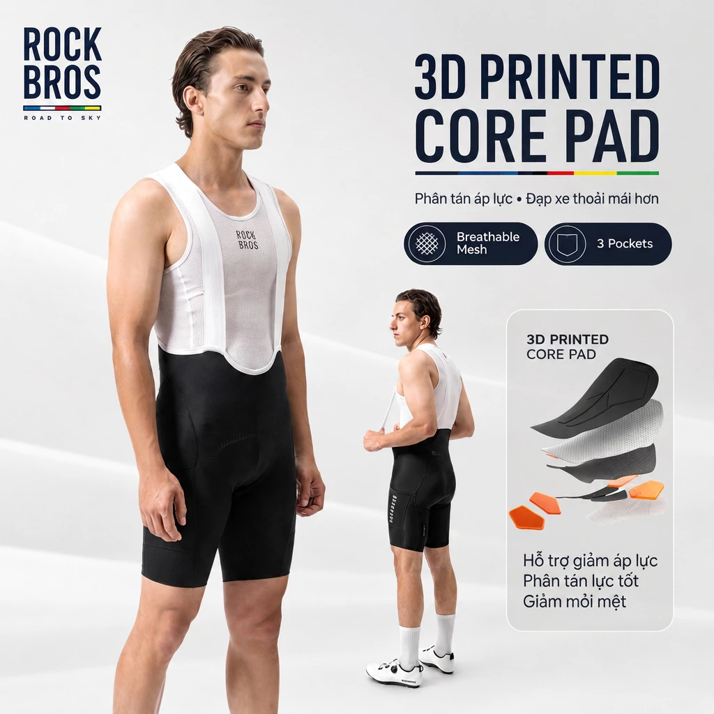 【TK Bán Chạy】Quần Yếm Đạp Xe ROCKBROS 3 Túi Đệm Gel 3D Thoáng Khí Nhanh Khô Co Giãn Phản Quang Kháng Khuẩn Ngắn Nam Thể Thao MTB Phụ Kiện Xe Đạp