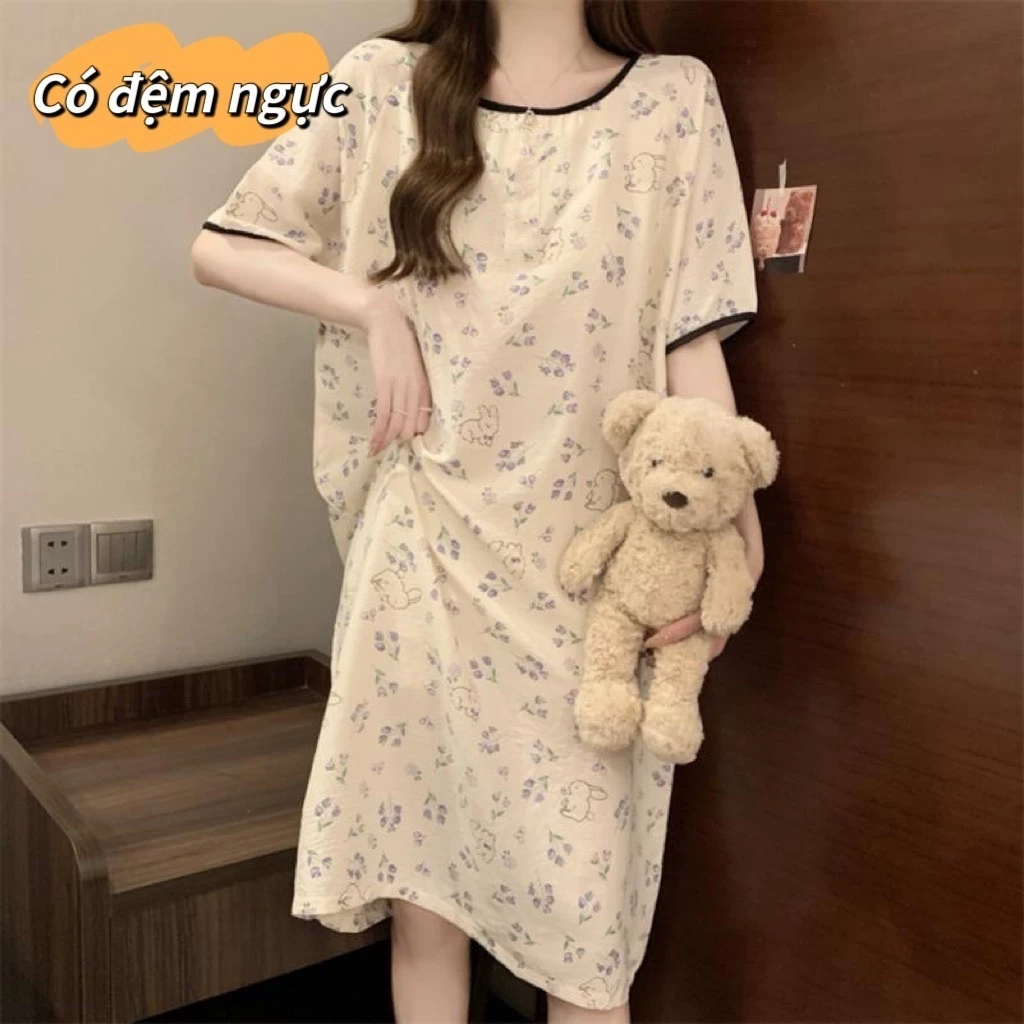 【Có đệm ngực】Váy áo ngủ nữ in hình dễ thương, có đệm ngực, chất liệu thoáng khí êm ái, thiết kế có thể mặc ra ngoài.