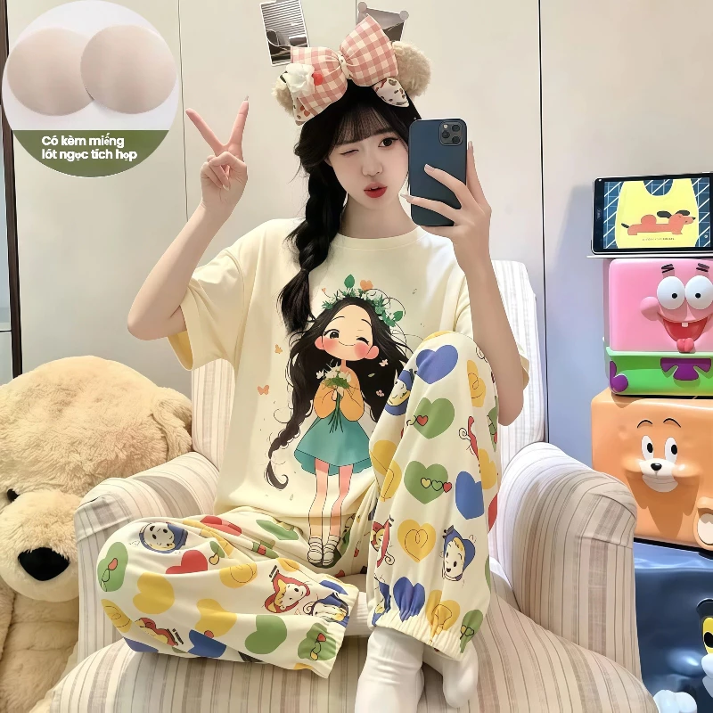 Bộ đồ ngủ mùa hè cho nữ – Chất cotton mềm mại, mỏng nhẹ – Có đệm ngực – Áo tay ngắn + quần dài – Họa tiết hoạt hình dễ thương – Mẫu mới 2026 – Phong cách tối giản, trẻ trung – Mặc nhà mát mẻ, thoải mái