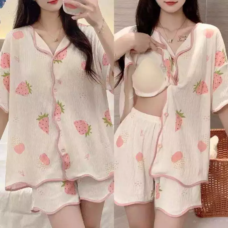 【Có đệm ngực】Áo khoác ngủ nữ in hoa dễ thương, cổ V, tay dài + quần dài / tay ngắn + quần ngắn - Đồ ngủ nữ mặc nhà hoặc mặc ngoài được