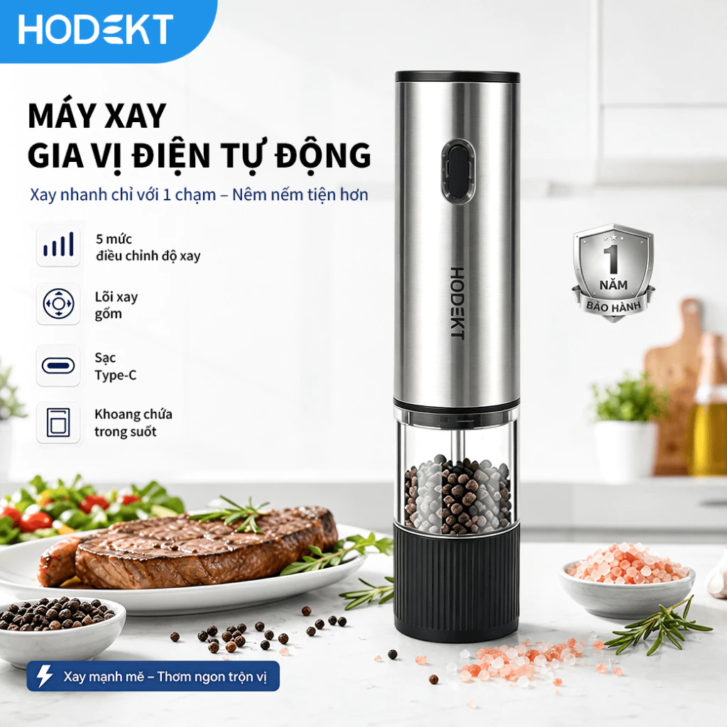 Máy Xay Gia Vị Điện Tự Động HODEKT, Lõi Xay Gốm, 5 Mức Chỉnh Độ Xay, Sạc Type-C, Khoang Chứa 80ml, Inox Sang Trọng