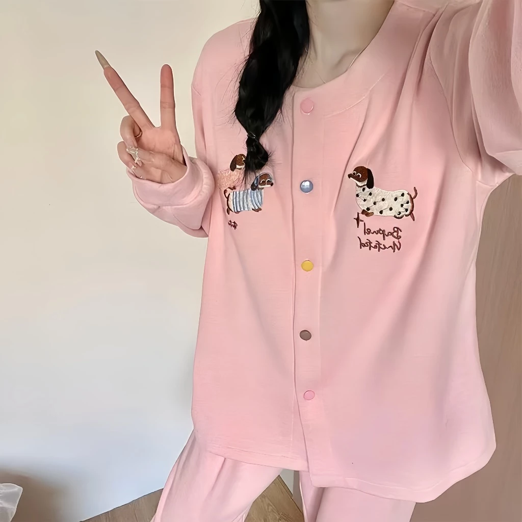 Mây Cotton Bộ Đồ Ngủ Nữ Xuân Thu Cardigan Dài Tay 2026 Phong Cách Mới Hoạt Hình Màu Hồng Homewear Mặc Ngoài