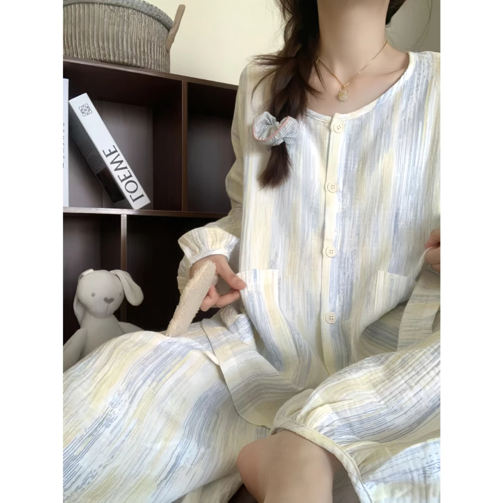 Bộ Đồ Ngủ 100% Cotton Nữ Xuân Thu Phong Cách Áo Cardigan Dài Tay Có Thể Mặc Bên Ngoài Cổ Tròn Thường Ngày Có Miếng Lót Ngực Loungewear Bộ Đồ Hai Mảnh