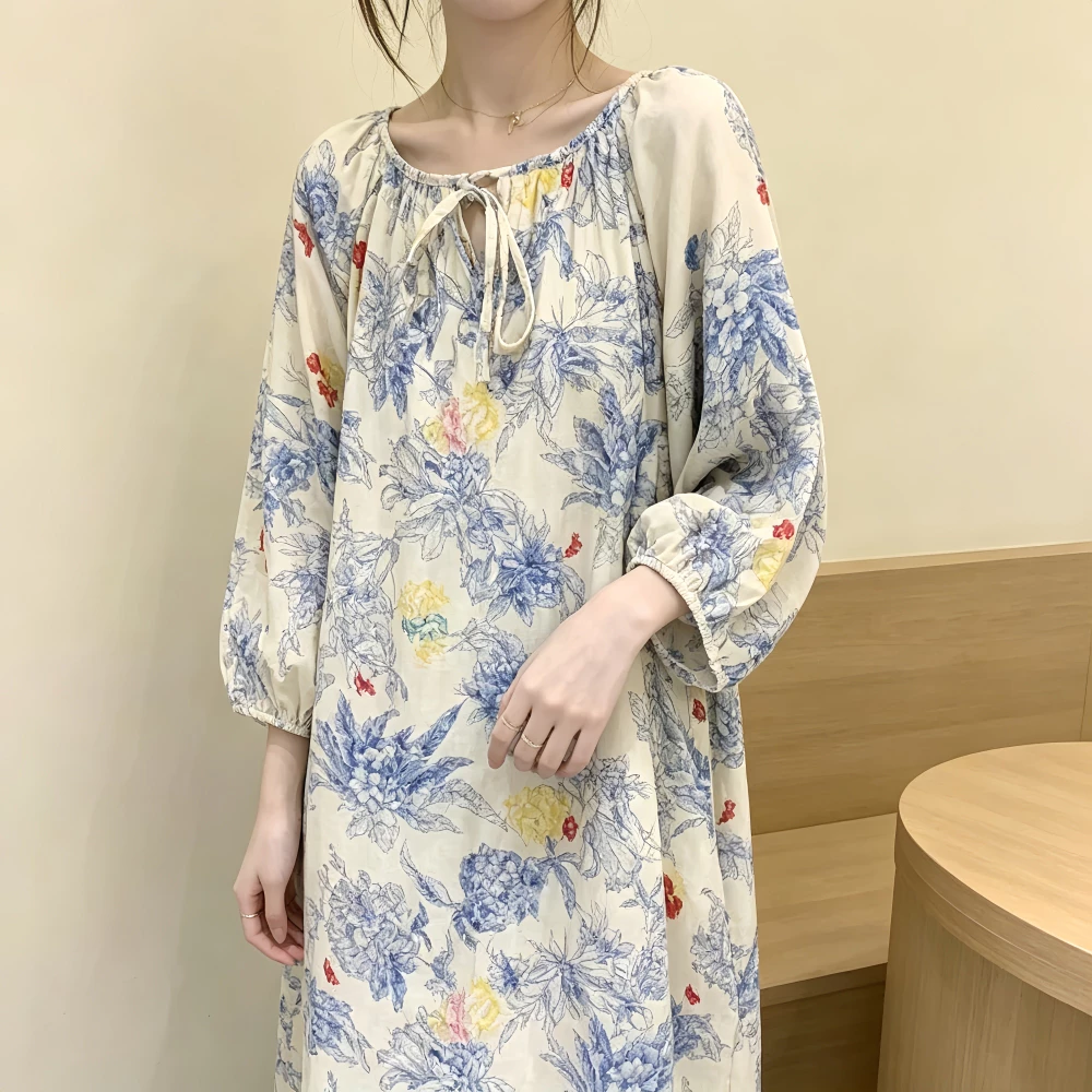Nghệ Thuật Pháp Retro Lười Phong Cách Cotton Nguyên Chất Váy Ngủ Nữ Thu Đông Cổ Tròn Phối Ren Phong Cách Trung Hoa Xanh Trắng Rời Sợi Cotton Bộ Đồ Ngủ
