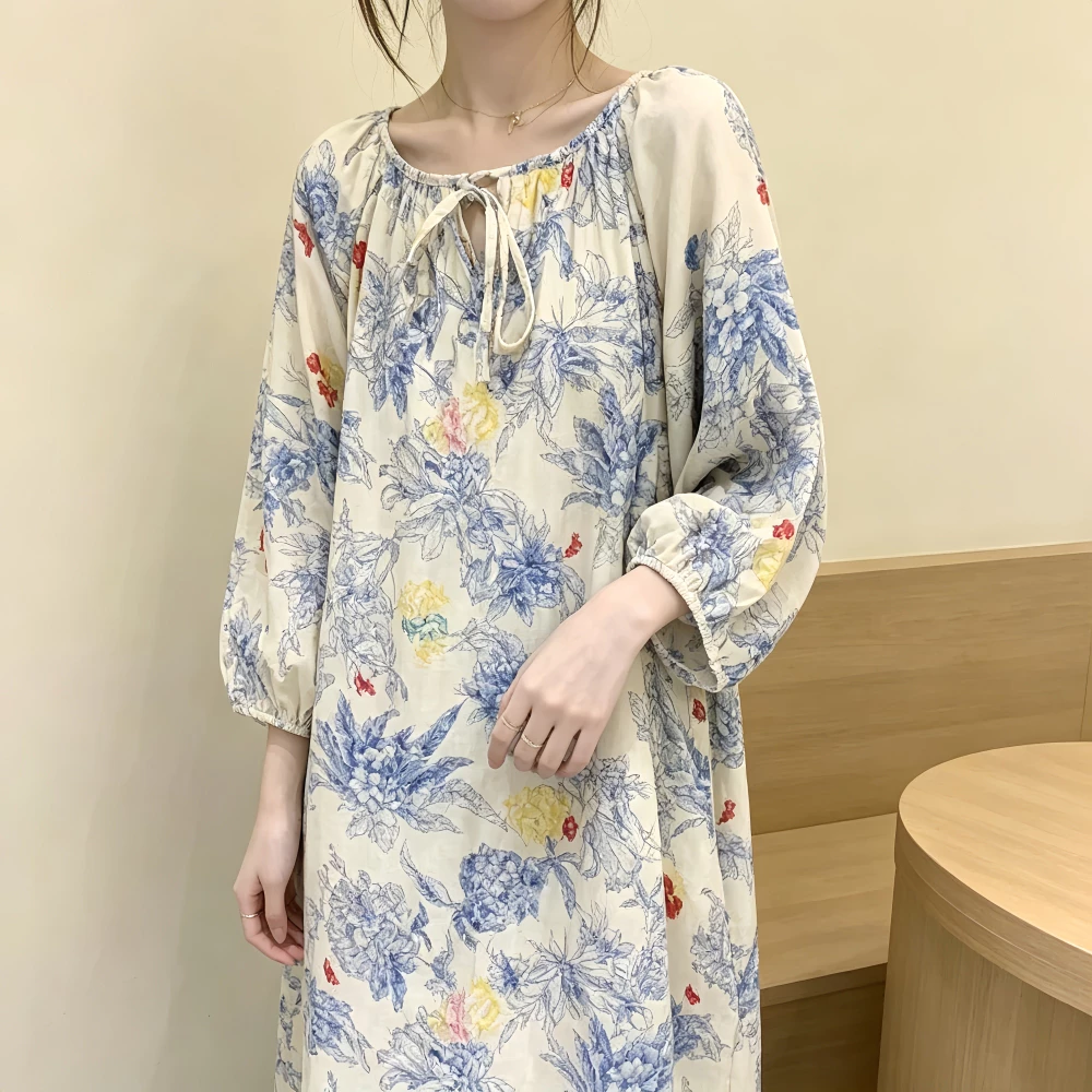Cao Cấp Phong Cách Quốc Gia Retro Xanh Trắng Sứ Cotton Vải Lanh Bộ Đồ Ngủ Nữ Xuân Thu Dài Tay Phù Hợp Với Loungewear Rời Nightd