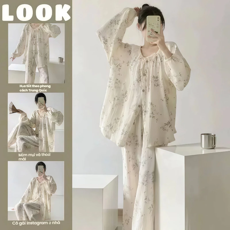 Phong Cách Quốc Gia Retro Tươi Cotton Bộ Đồ Ngủ Nữ Xuân Thu Phong Cách Kích Thước Lớn Thường Ngày Cotton Nguyên Chất Dài Tay Trous
