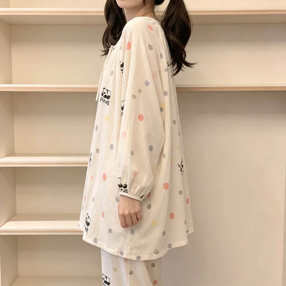 Bộ Đồ Ngủ Cotton Mây Nữ Xuân Thu Nhiều Màu Sắc Chấm Bi Quần Dài Tay Thoải Mái Phong Cách Dễ Thương Mỏng Homewear