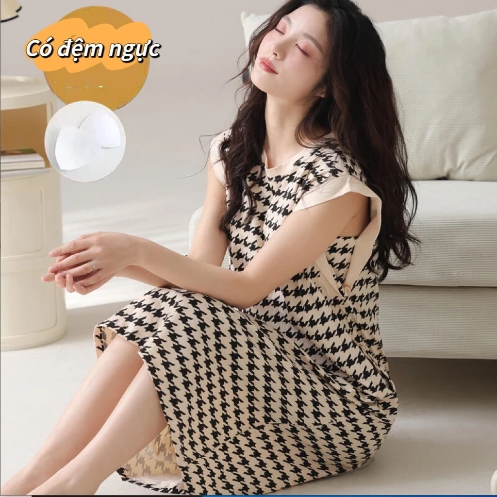 [Mẫu mới xuân hè có miếng độn ngực]Váy ngủ nữ cotton - Cổ tròn tay ngắn, có miếng độn ngực, in hình dễ thương, chất liệu thoáng mát thấm hút mồ hôi, mặc thoải mái dễ chịu