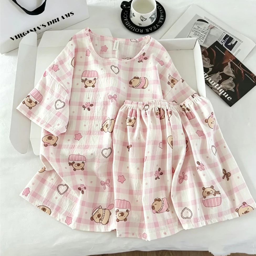 Đồ ngủ nữ kiểu Xuân Thu - thiết kế đơn giản dễ thương, họa tiết in hoạt hình, chất liệu cotton nguyên chất thoáng khí, phù hợp mặc ở nhà hoặc ra ngoài.