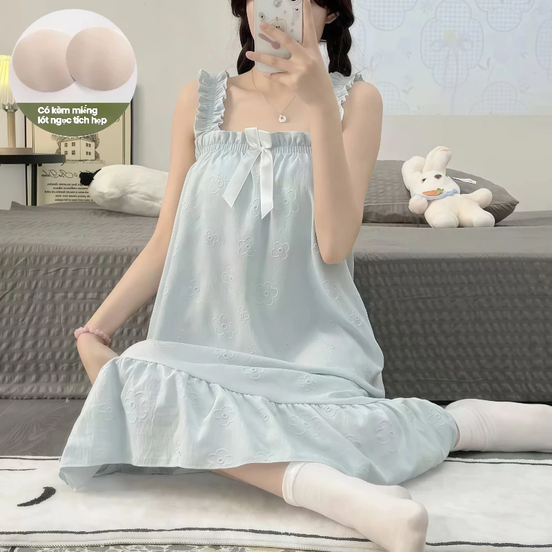 Cao Cấp Mùa Hè Sling Váy Ngủ Nữ Không Tay Có Miếng Lót Ngực Homewear Váy Ngủ Mùa Hè Có Thể Mặc Bên Ngoài
