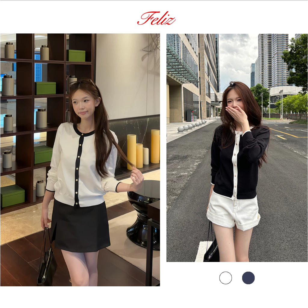 FELIZ | Mùa Thu Đông 2026 Phong Cách Hàn Quốc Cổ Tròn Màu Sắc-Contrast Viền Áo Cardigan Đan, Thiết Kế Khóa Màu, Phong Cách Đi Lại Đơn Giản, Slim Fit, Đa Năng, Casual, Trắng Đen
