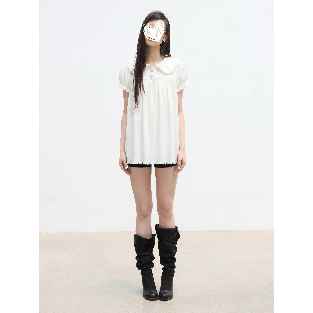 [Seeyou studio] Mùa thu phong cách Hàn Quốc Thiết kế sang trọng thời trang sang trọng ‐ Pan Collar Loose Raw ‐ Edge Wash Top, Áo sơ mi ngắn tay Sweet ‐ Vibe 6523