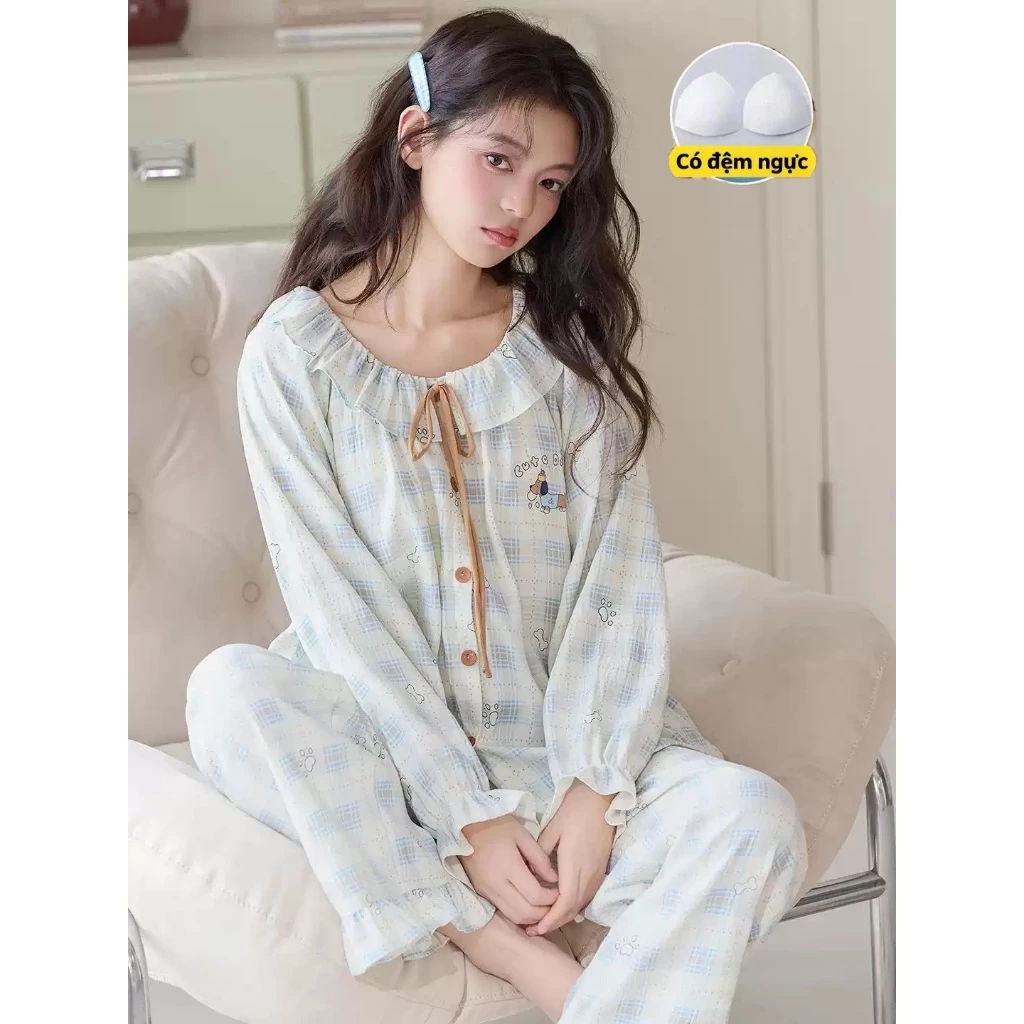 【Cotton 100% có độn ngực】Bộ đồ ngủ mùa thu đông 2026 - Tay dài quần dài cổ tròn viền ren - Chất mỏng nhẹ mặc đẹp - Đồ ngủ mặc nhà mát mẻ dễ thương