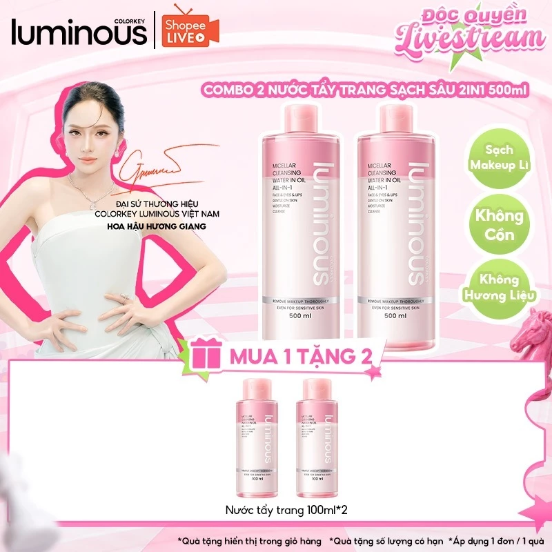 [KOL] Combo 2 Nước tẩy trang 2 Lớp Colorkey Luminous giúp sạch sâu lớp make up, bụi bẩn 500ml - Colorkey Luminous Micellar Water