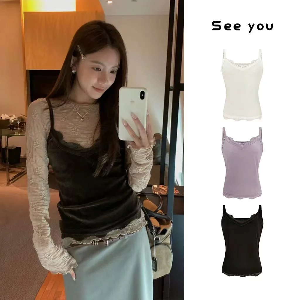 [Seeyou studio] Áo hai dây nhung nối ren mùa thu phong cách K, lớp mặc sang trọng, Thiết kế gợi cảm tối giản Cami 6748