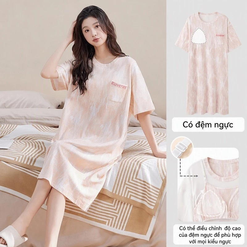 Váy ngủ🌸Đồ ngủ🌸100% Cotton nữ Đồ ngủ nữ có mút ngực Mùa Hè Thoáng Mát Hàn quốc Dễ thương cộc tay